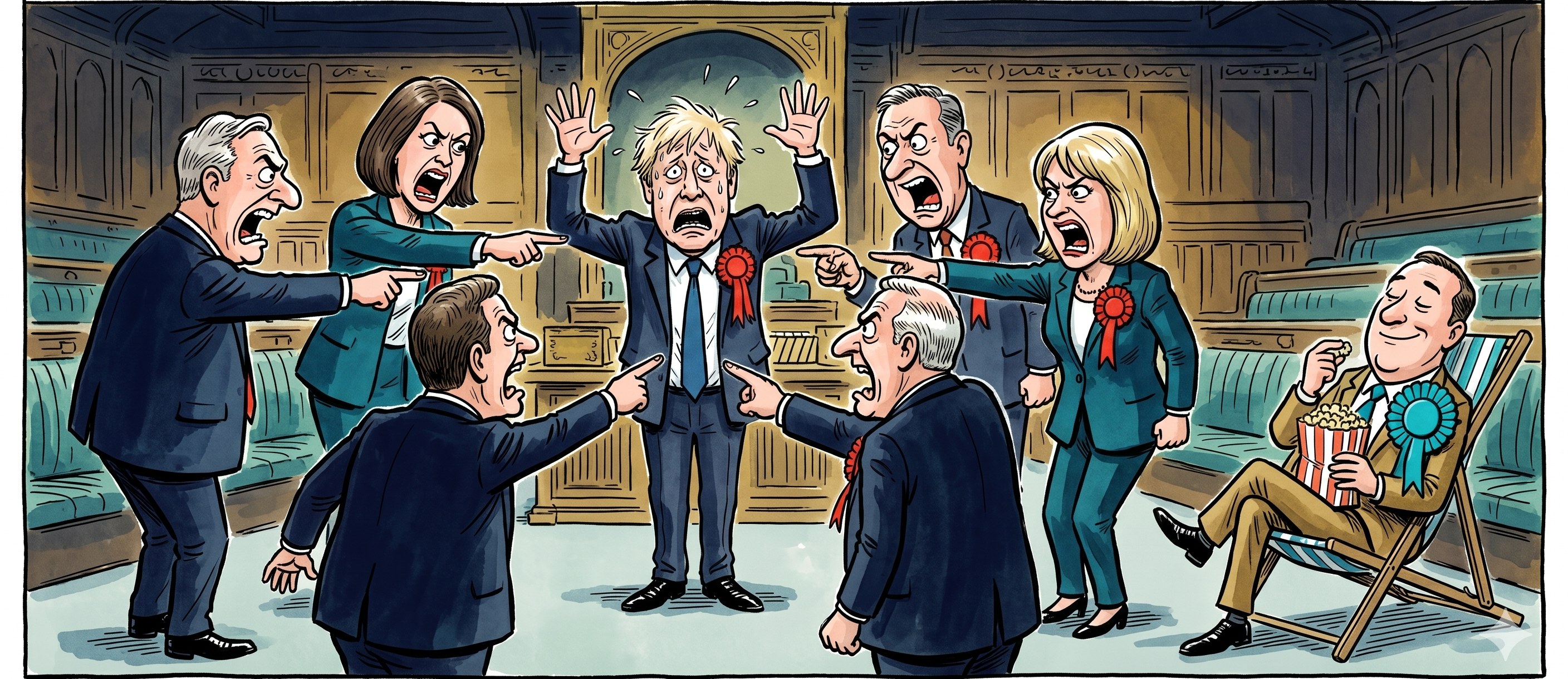 Editorial cartoon: a circle of Labour MPs wearing red rosettes point and shout at their harried party leader, who stands in the centre with his hands raised, while a figure wearing a teal Reform rosette lounges in a deck chair eating popcorn