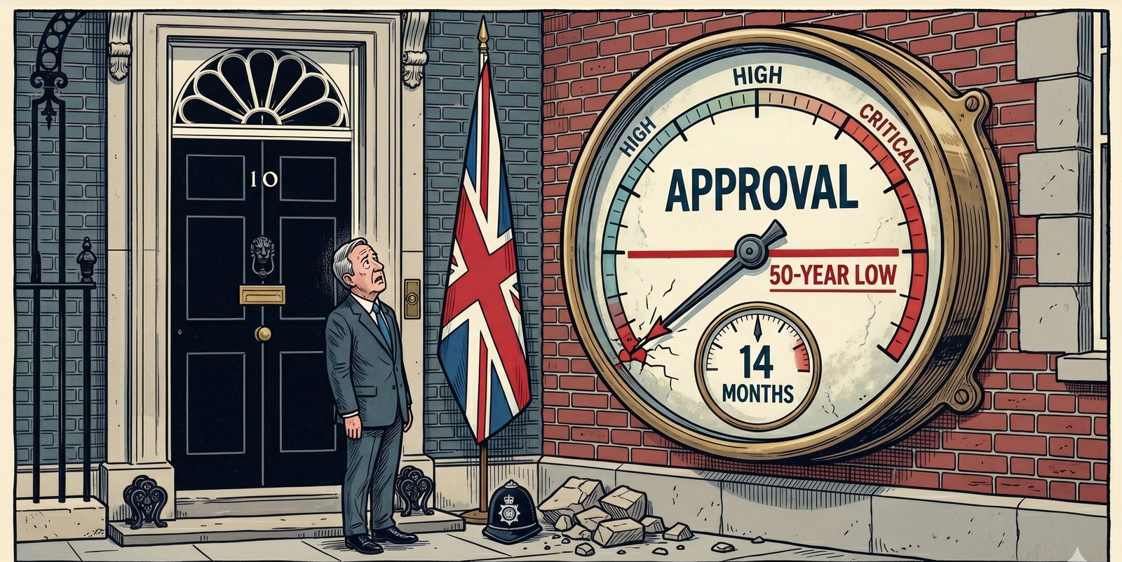 A Prime Minister at the No.10 door staring at an approval dial that has crashed to a fifty-year low after fourteen months