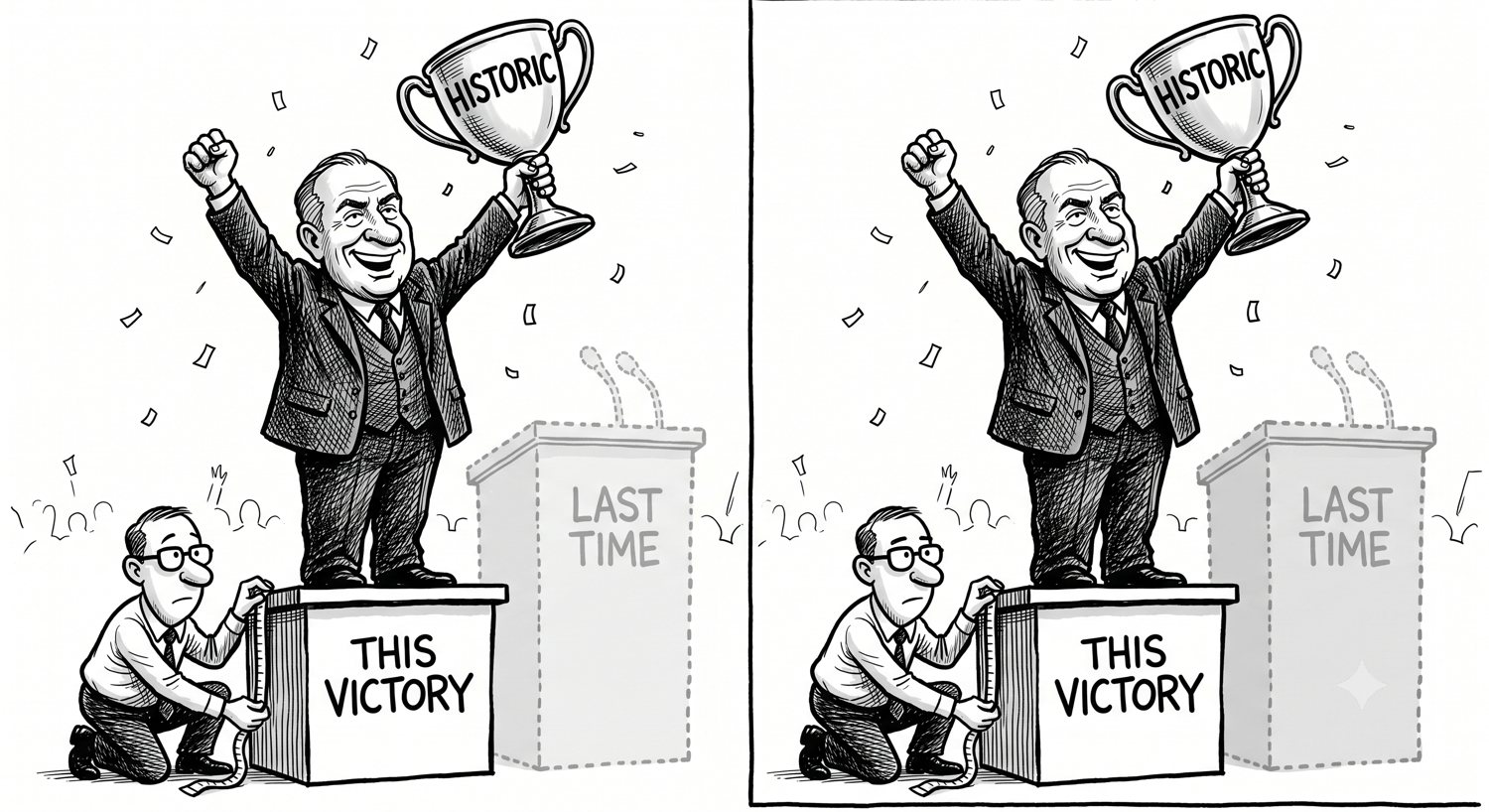 An aide measuring a victory podium against the last one