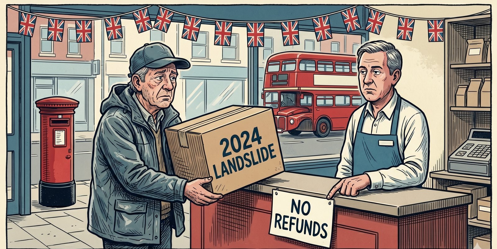 A weary voter trying to return a box labelled 2024 Landslide at a shop counter under a No Refunds sign