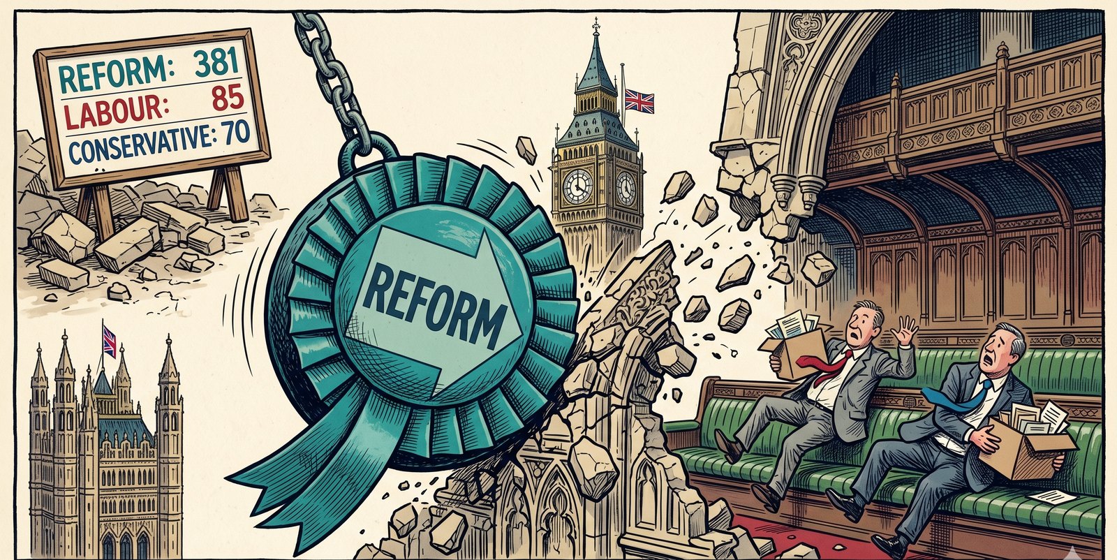 A giant teal Reform rosette swinging as a wrecking ball into the Houses of Parliament, with a scoreboard reading Reform 381, Labour 85, Conservative 70