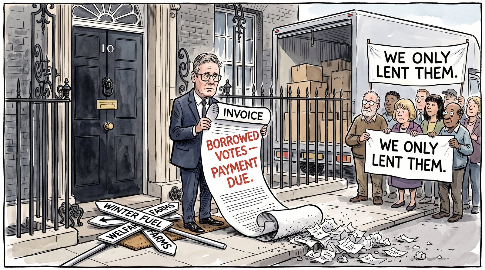 Editorial cartoon: a weary prime minister on the doorstep of 10 Downing Street holds a long invoice stamped Borrowed Votes, Payment Due, a removal van loaded with boxes behind him, voters at the gate holding banners reading We Only Lent Them, and U-turn road signs for Winter Fuel, Welfare and Farms scattered at his feet