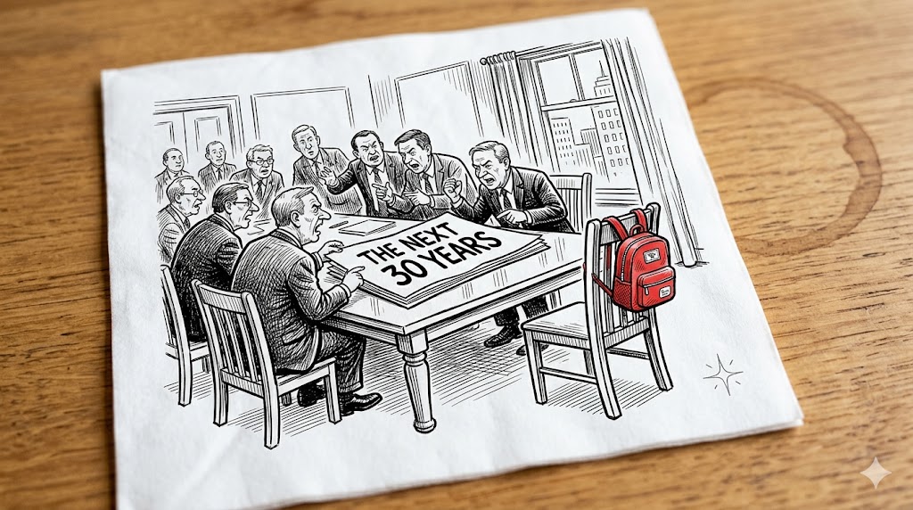 An empty chair at the cabinet table with a child's school bag on it