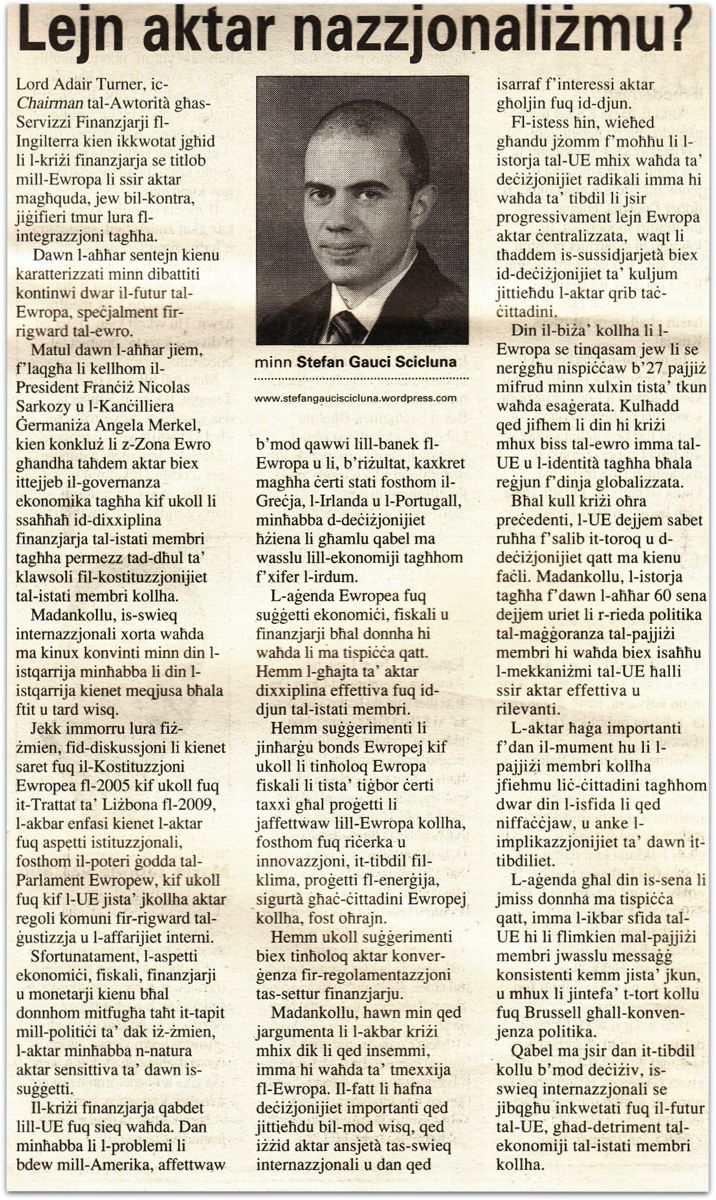 Newspaper cutting: Lejn aktar nazzjonaliżmu?