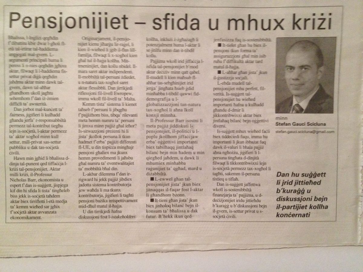 Newspaper cutting: Pensjonijiet, sfida u mhux kriżi