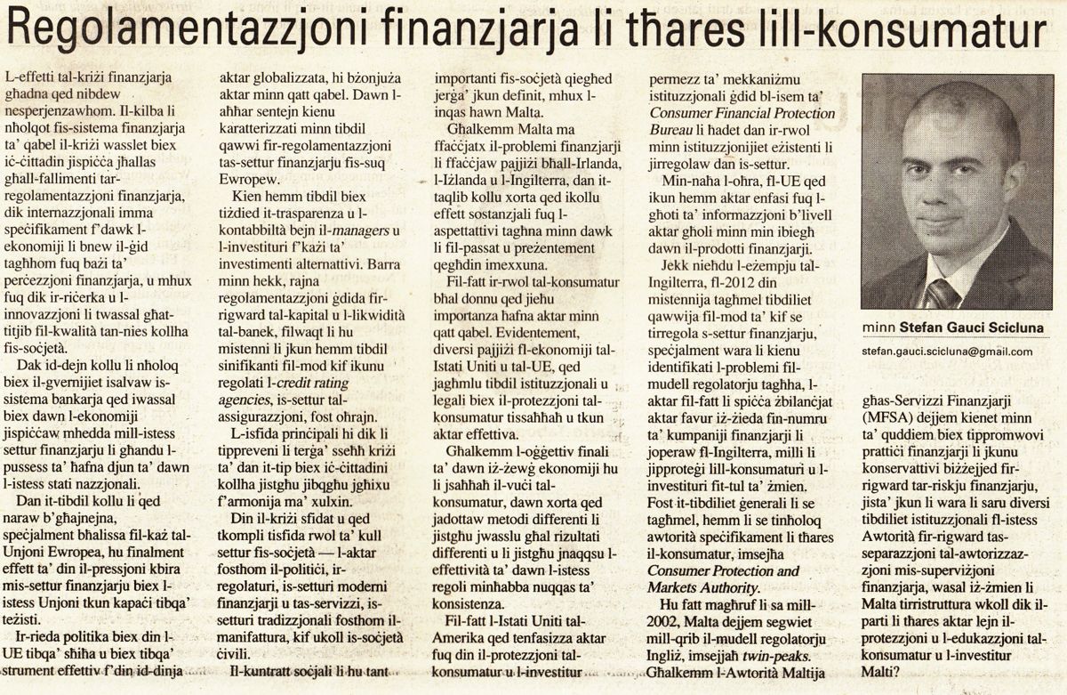 Newspaper cutting: Regolamentazzjoni finanzjarja li tħares lill-konsumatur