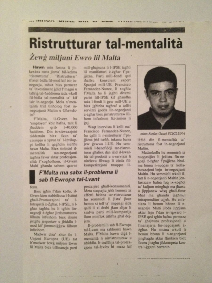 Newspaper cutting: Ristrutturar tal-mentalit&agrave;