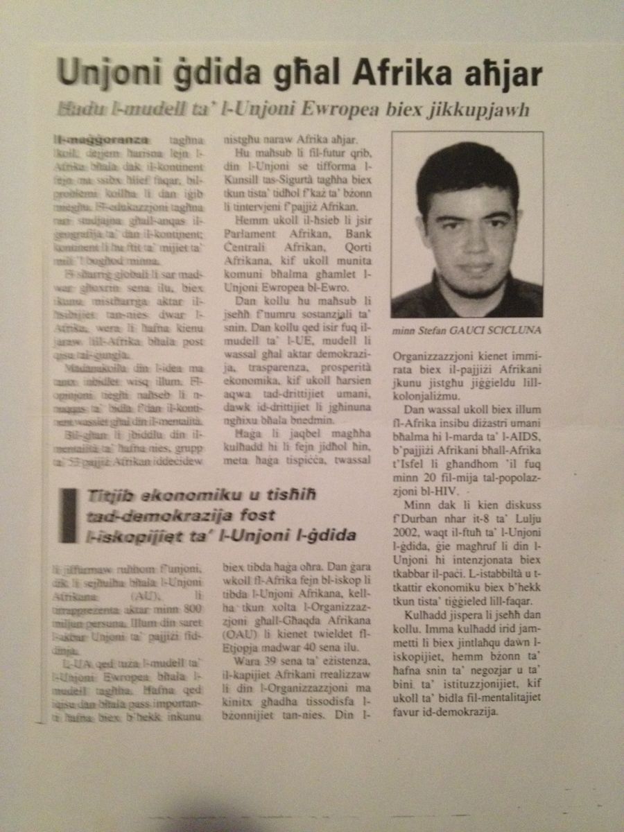 Newspaper cutting: Unjoni ġdida għal Afrika aħjar
